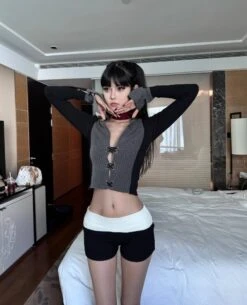 Grey Striped Long Sleeve Shirt | Ahyeon - BabyMonster -Amped Apparel Ahyeon BabyMonster Grey Striped Long Sleeve Shirt 2 600x742 1