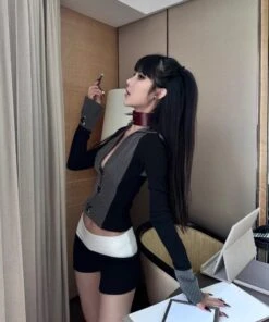 Grey Striped Long Sleeve Shirt | Ahyeon - BabyMonster -Amped Apparel Ahyeon BabyMonster Grey Striped Long Sleeve Shirt 3 600x719 1