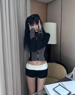 Grey Striped Long Sleeve Shirt | Ahyeon - BabyMonster -Amped Apparel Ahyeon BabyMonster Grey Striped Long Sleeve Shirt 4 600x752 1