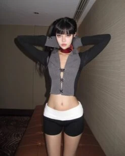 Grey Striped Long Sleeve Shirt | Ahyeon - BabyMonster