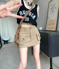 Beige Cargo-Style Denim Skirt | Handong - Dreamcatcher -Amped Apparel Beige Cargo Style Denim Skirt Handong Dreamcatcher 4 600x696 1