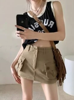 Beige Cargo-Style Denim Skirt | Handong - Dreamcatcher -Amped Apparel Beige Cargo Style Denim Skirt Handong Dreamcatcher 5 600x806 1