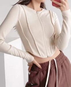 Beige Corset-Style Zipper Crop Top | Juria - XG