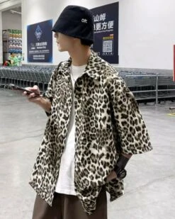 Beige Leopard Print Short Sleeves Oversized Shirt | Taehyung - BTS -Amped Apparel Beige Leopard Print Short Sleeves Shirt Taehyung BTS 1 600x750 1