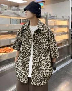 Beige Leopard Print Short Sleeves Oversized Shirt | Taehyung - BTS