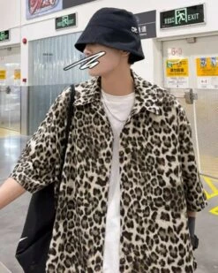 Beige Leopard Print Short Sleeves Oversized Shirt | Taehyung - BTS -Amped Apparel Beige Leopard Print Short Sleeves Shirt Taehyung BTS 5 600x750 1