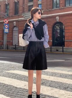 Black Faux Leather Mid-Length Shorts | Soobin - TXT 20 Black Faux Leather Mid-Length Shorts | Soobin - TXT -Amped Apparel Beomgyu TXT Black Faux Leather Belted Cropped Jacket 10