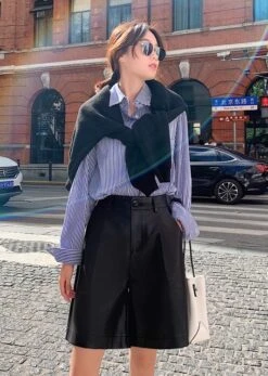 Black Faux Leather Mid-Length Shorts | Soobin - TXT 21 Black Faux Leather Mid-Length Shorts | Soobin - TXT -Amped Apparel Beomgyu TXT Black Faux Leather Belted Cropped Jacket 12