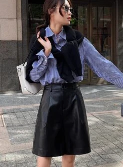 Black Faux Leather Mid-Length Shorts | Soobin - TXT 19 Black Faux Leather Mid-Length Shorts | Soobin - TXT -Amped Apparel Beomgyu TXT Black Faux Leather Belted Cropped Jacket 19