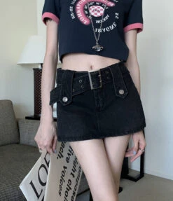 Black Belted Denim Mini Skorts | Lisa - BlackPink