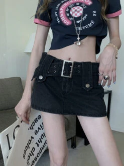 Black Belted Denim Mini Skorts | Lisa - BlackPink -Amped Apparel Black Belted Denim Mini Skorts Lisa BlackPink 3 600x800 1