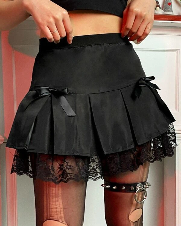 Black Bow And Lace Pleated Skirt | Handong - Dreamcatcher 3 Black Bow And Lace Pleated Skirt | Handong - Dreamcatcher
