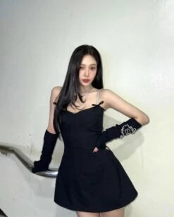 Black Bustier Mini Bow Strap Dress | Joy - Red Velvet -Amped Apparel Black Bustier Mini Bow Strap Dress Joy Red Velvet Idol 600x750 1