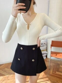 Black Buttoned A-Line Skorts | Sana - Twice -Amped Apparel Black Buttoned A Line Skort Sana Twice model 10 600x795 1