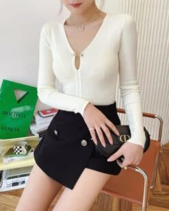 Black Buttoned A-Line Skorts | Sana - Twice -Amped Apparel Black Buttoned A Line Skort Sana Twice model 12 600x749 1