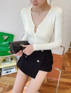 Black Buttoned A-Line Skorts | Sana - Twice -Amped Apparel Black Buttoned A Line Skort Sana Twice model 13 600x793 1