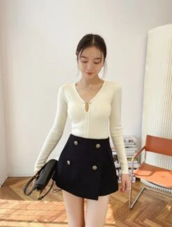 Black Buttoned A-Line Skorts | Sana - Twice -Amped Apparel Black Buttoned A Line Skort Sana Twice model 2 600x792 1