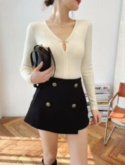 Black Buttoned A-Line Skorts | Sana - Twice -Amped Apparel Black Buttoned A Line Skort Sana Twice model 3 600x793 1