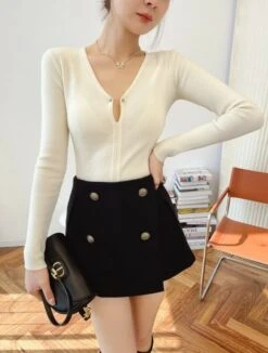 Black Buttoned A-Line Skorts | Sana - Twice -Amped Apparel Black Buttoned A Line Skort Sana Twice model 5 600x793 1