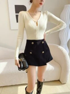 Black Buttoned A-Line Skorts | Sana - Twice -Amped Apparel Black Buttoned A Line Skort Sana Twice model 6 600x797 1