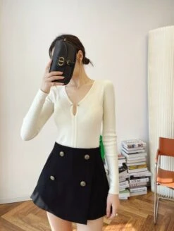 Black Buttoned A-Line Skorts | Sana - Twice -Amped Apparel Black Buttoned A Line Skort Sana Twice model 7 600x796 1