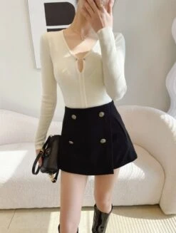 Black Buttoned A-Line Skorts | Sana - Twice -Amped Apparel Black Buttoned A Line Skort Sana Twice model 9 600x794 1