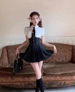 Black Corset Style Pleated Skirt | Sana - Twice -Amped Apparel Black Corset Style Pleated Skirt Sana Twice 14 600x736 1