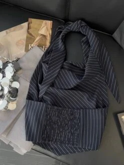 Black Draping Halter Stripes Top | Jennie - BlackPink -Amped Apparel Black Draping Halter Stripes Top Jennie BlackPink 3