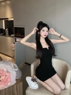 Black Front-Slit Sling Dress | Joy Red Velvet -Amped Apparel Black Front Slitted Sling Dress Joy Red Velvet 12