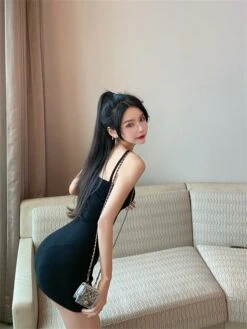 Black Front-Slit Sling Dress | Joy Red Velvet -Amped Apparel Black Front Slitted Sling Dress Joy Red Velvet 13