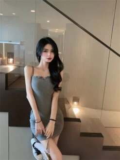 Black Front-Slit Sling Dress | Joy Red Velvet -Amped Apparel Black Front Slitted Sling Dress Joy Red Velvet 17