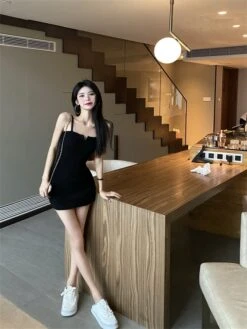 Black Front-Slit Sling Dress | Joy Red Velvet -Amped Apparel Black Front Slitted Sling Dress Joy Red Velvet 4