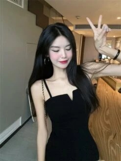 Black Front-Slit Sling Dress | Joy Red Velvet -Amped Apparel Black Front Slitted Sling Dress Joy Red Velvet 8