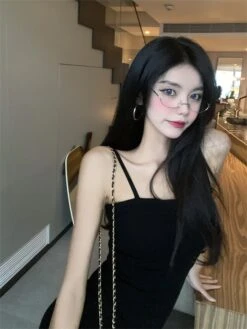 Black Front-Slit Sling Dress | Joy Red Velvet -Amped Apparel Black Front Slitted Sling Dress Joy Red Velvet 9