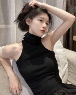 Black Knitted Halter Turtleneck Top | IU -Amped Apparel Black Knitted Halter Turtleneck Top IU 3