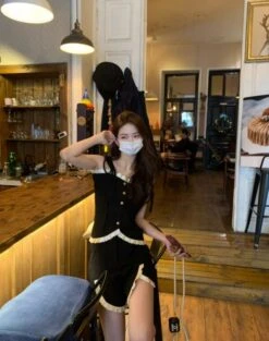 Black Ruffle Edge Buttoned Top | Chaeryeong - ITZY -Amped Apparel Black Lace Buttoned Top Chaeryeong ITZY 4 600x760 1