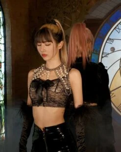 Black Lace Crop Top With Bow | Yoohyeon - Dreamcatcher -Amped Apparel Black Lace Crop Top With Bow Yoohyeon Dreamcatcher 3 600x750 1