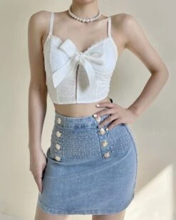 Black Lace Crop Top With Bow | Yoohyeon - Dreamcatcher -Amped Apparel Black Lace Crop Top With Bow Yoohyeon Dreamcatcher white 3