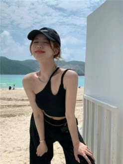 Black One Shoulder Dual Sling Crop Top | Haerin - NewJeans -Amped Apparel Black One Shoulder Dual Sling Crop Top Haerin NewJeans 7 600x800 1