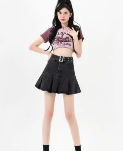 Black Pleated Denim Skirt With Belt | Nayeon - Twice -Amped Apparel Black Pleated Denim Skirt With Belt Nayeon Twice 2 600x737 1