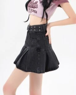Black Pleated Denim Skirt With Belt | Nayeon - Twice -Amped Apparel Black Pleated Denim Skirt With Belt Nayeon Twice 4 600x747 1