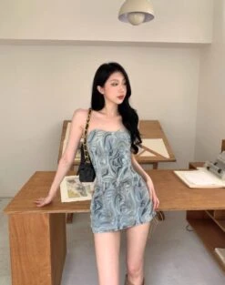 Blue Abstract Pattern Lace-Up Denim Skirt | Sana - Twice -Amped Apparel Blue Abstract Pattern Lace Up Denim Skirt Sana Twice 11 600x760 1