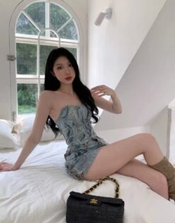 Blue Abstract Pattern Lace-Up Denim Skirt | Sana - Twice -Amped Apparel Blue Abstract Pattern Lace Up Denim Skirt Sana Twice 12 600x764 1