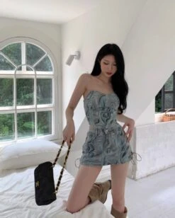 Blue Abstract Pattern Lace-Up Denim Skirt | Sana - Twice -Amped Apparel Blue Abstract Pattern Lace Up Denim Skirt Sana Twice 2 600x748 1