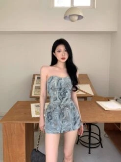 Blue Abstract Pattern Lace-Up Denim Skirt | Sana - Twice -Amped Apparel Blue Abstract Pattern Lace Up Denim Skirt Sana Twice 4 600x806 1