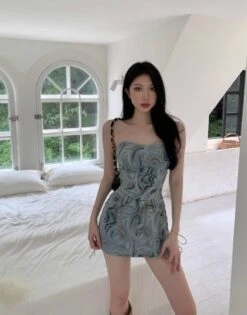 Blue Abstract Pattern Lace-Up Denim Skirt | Sana - Twice -Amped Apparel Blue Abstract Pattern Lace Up Denim Skirt Sana Twice 5 600x766 1