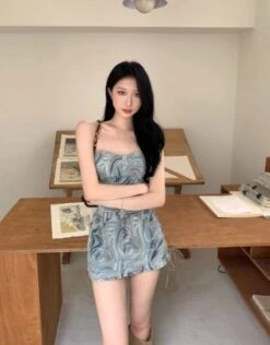 Blue Abstract Pattern Lace-Up Denim Skirt | Sana - Twice -Amped Apparel Blue Abstract Pattern Lace Up Denim Skirt Sana Twice 6 600x767 1