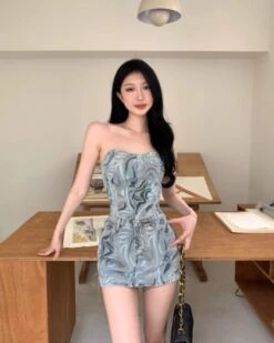 Blue Abstract Pattern Lace-Up Denim Skirt | Sana - Twice