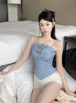 Blue Belt Pleated Sling Top | Jihyo - Twice -Amped Apparel Blue Belt Pleated Sling Top Jihyo Twice 3 600x803 1