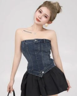 Blue Denim Corset-Style Tube Top | Miyeon - (G)I-DLE